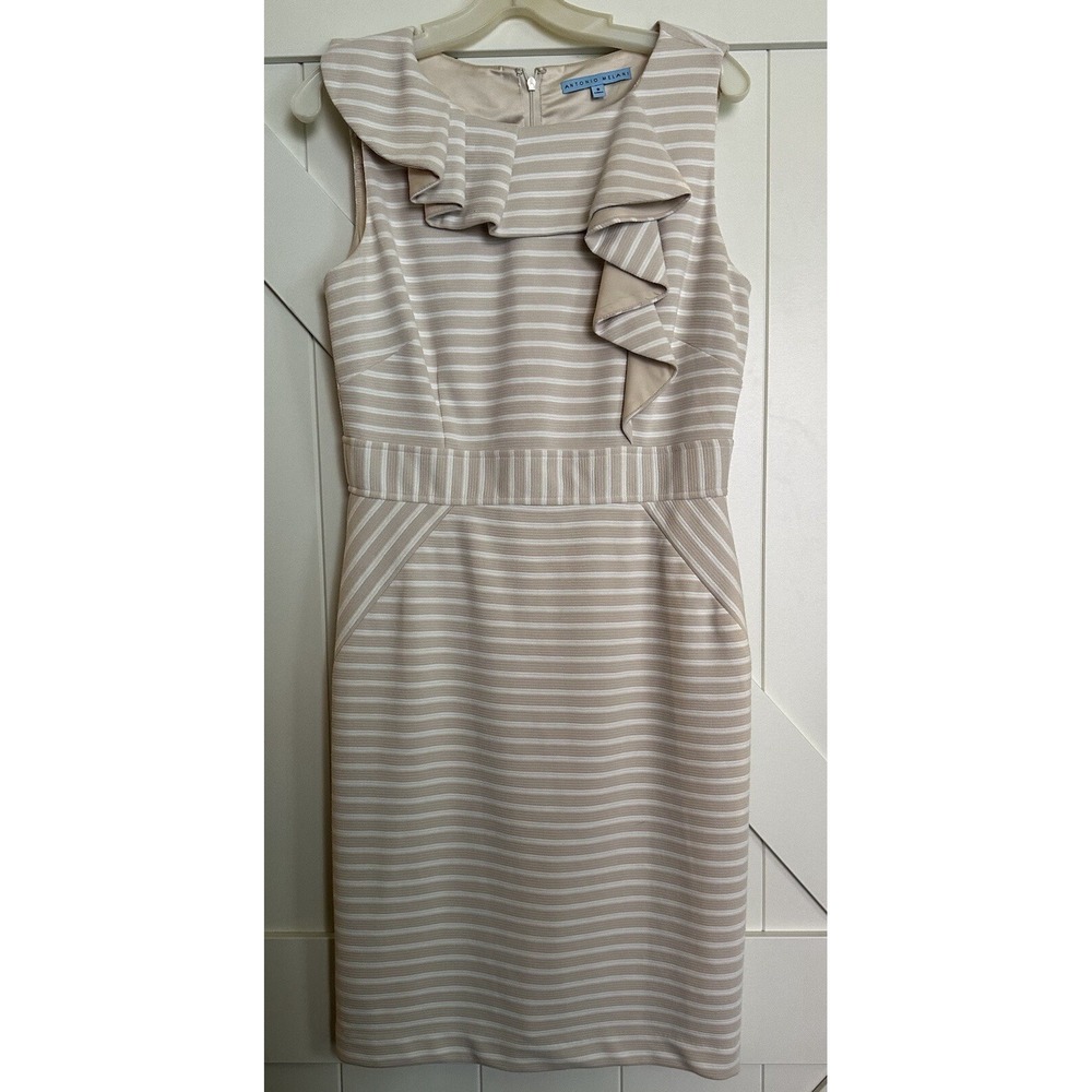 Antonio Melani Womens Sz 8 Sheath Dress Ruffle Front Lined Cream/White Striped